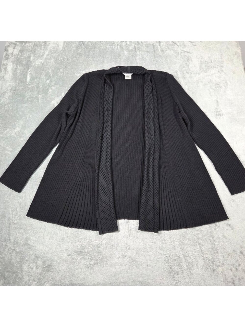 Exclusively Misook Cardigan Large Black Ribbed Mesh Trim Open Front Quiet Luxury